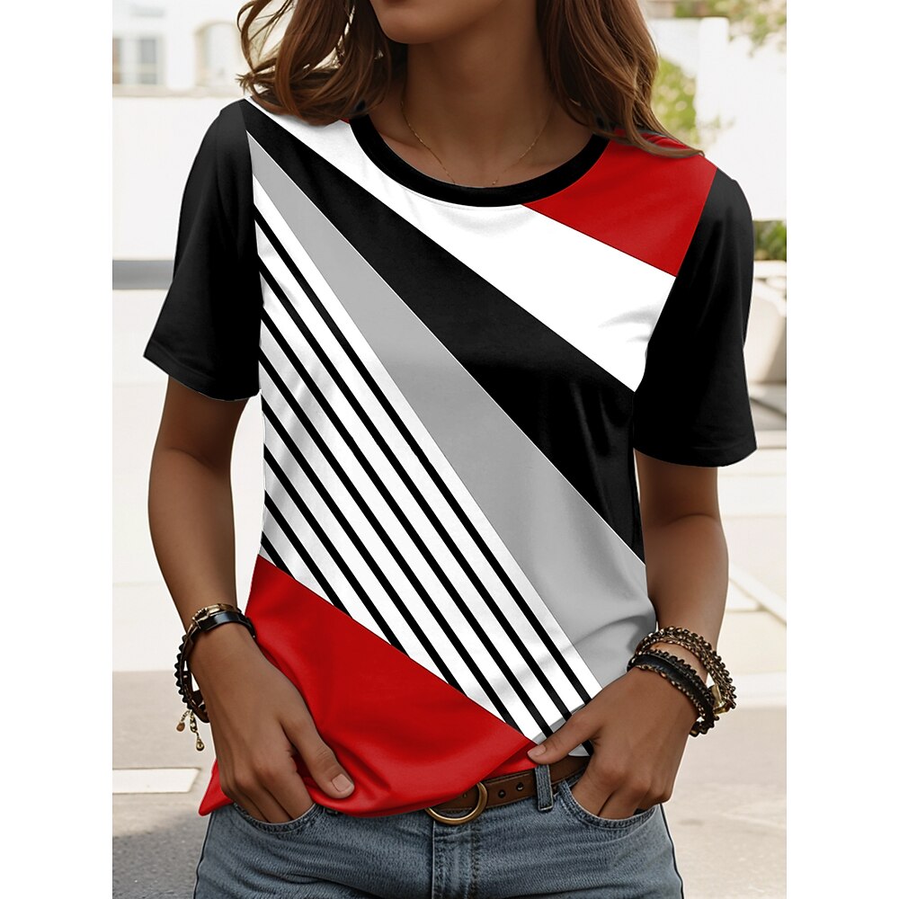 Damen T Shirt Grafik Geometrisch Stilvoll Lässig Kurzarm Rundhalsausschnitt Normale Oberteile Täglich Wochenende Druck Schwarz Sommer Frühling Lightinthebox