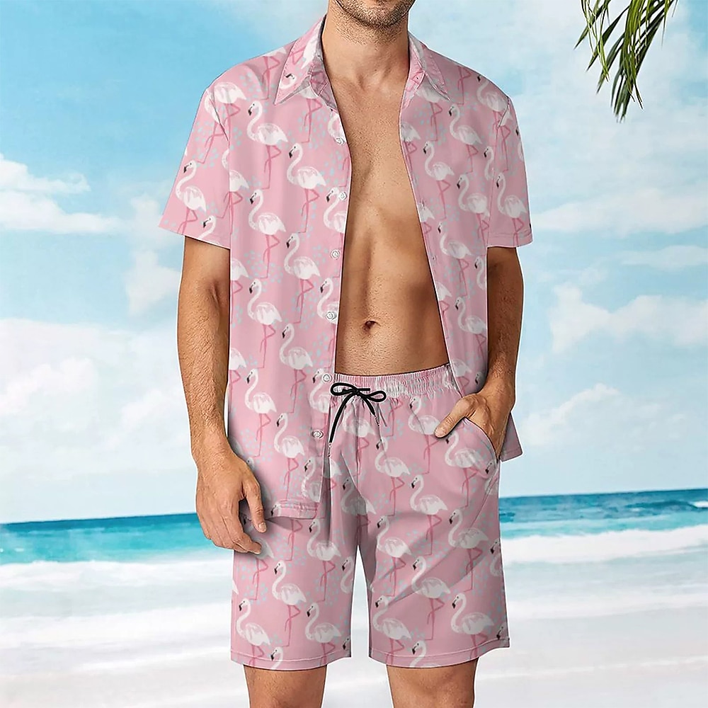 Herren Tiermotiv 2St Hemden-Sets Sommer Hawaiihemd Kurzarm Kurze Hosen Umlegekragen Urlaub Outdoor Lässig Täglich 3D-Druck Rosa Lightinthebox