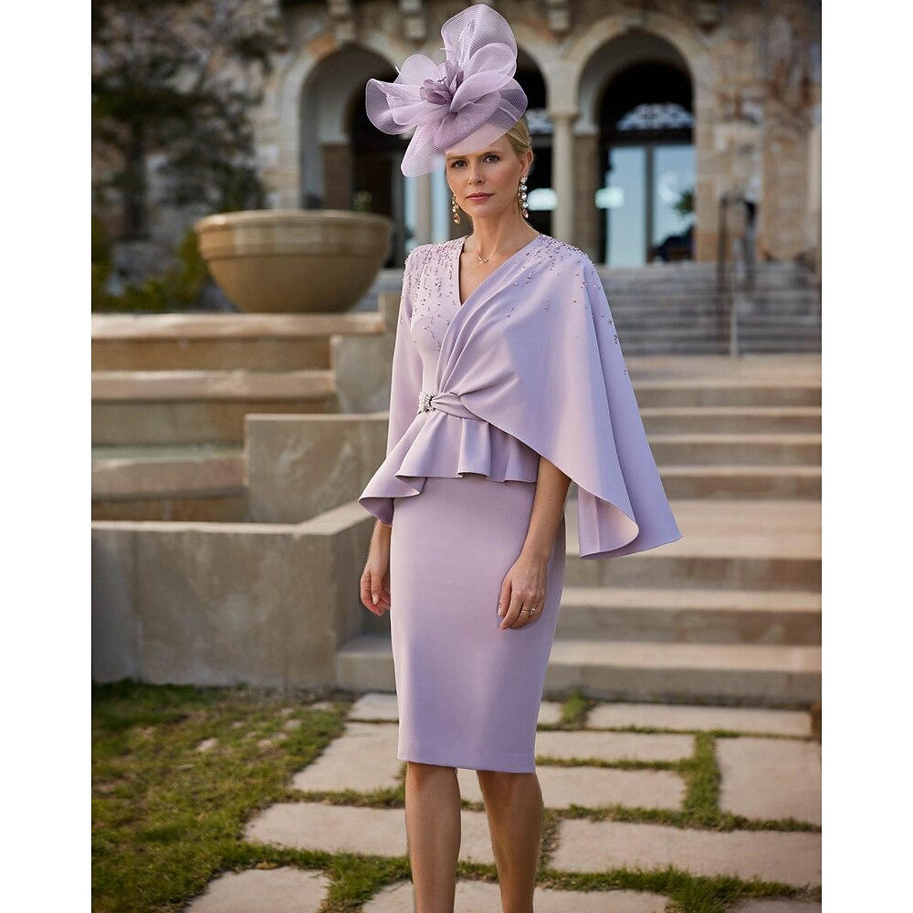 Lavendelfarbenes, perlenbesetztes Säulenkleid für die Mutter der Braut, elegantes Vintage-Kleid mit V-Ausschnitt, knielang, Stretchstoff, halbe Ärmel mit Spitzenbesatz, Perlenbesatz, 2025 Lightinthebox