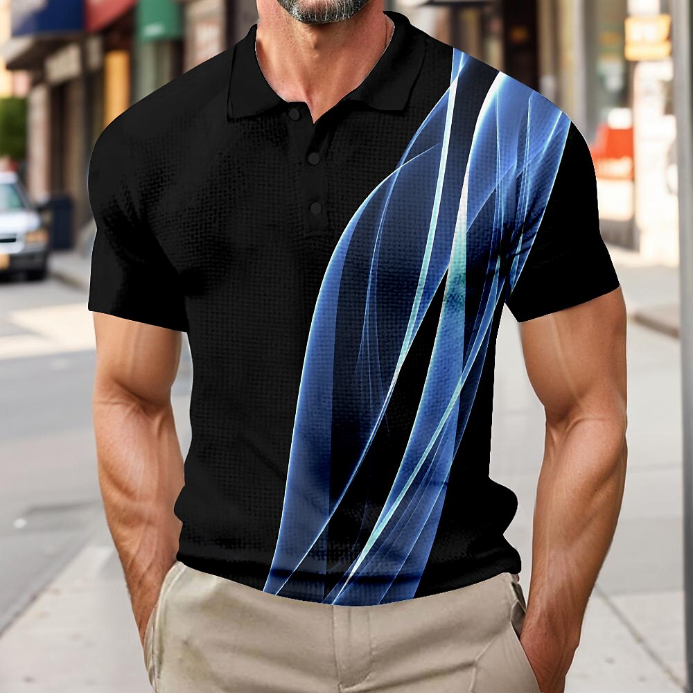 Herren Sommer Geometrisch Linie Waffel-Poloshirts Kurzarm Polo-Shirts Hemden mit Kragen Business-Casual Outdoor Geschäft Athleisure Knöpfe 3D-Druck Blau Lightinthebox