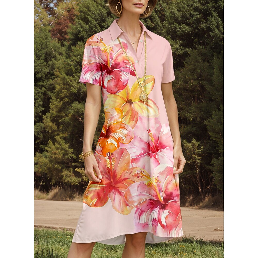 Damen Midikleid Hemdkleid A-Linien-Kleid Urlaub Casual Alltag Date Loose Fit Blumen Grafik Kurzarm Hemdkragen Rosa Blau Lila Sommer Frühling Lightinthebox