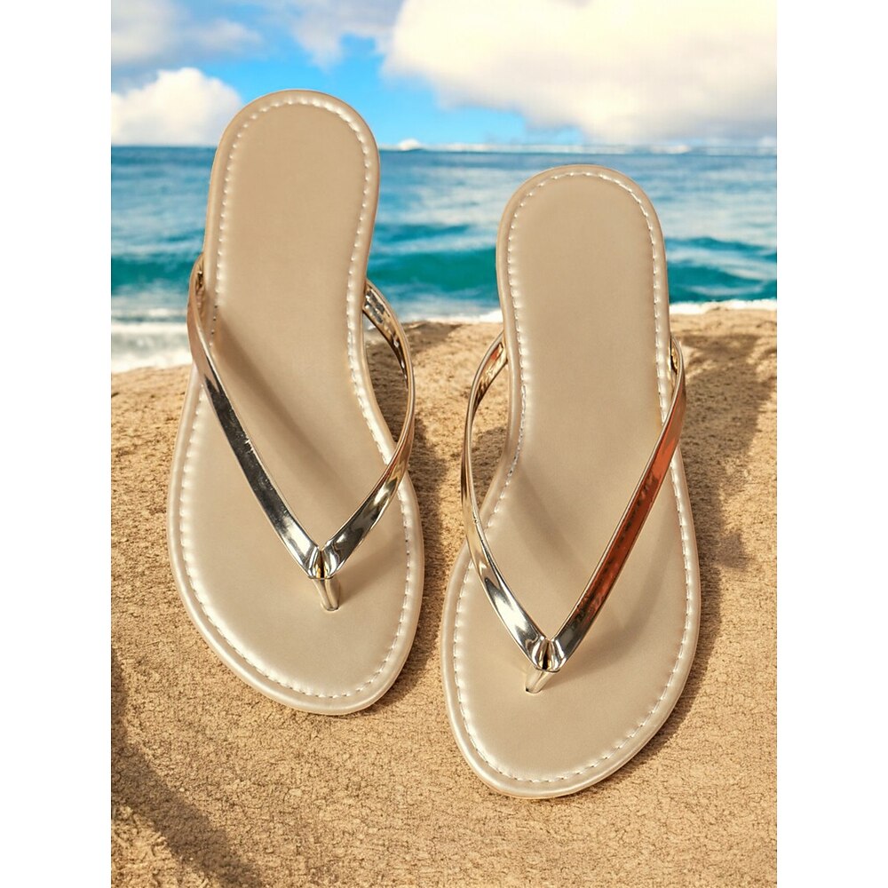 Damen-Flip-Flops mit Metallic-Riemen - minimalistische Strandsandalen mit gepolsterter Sohle, lässiger Sommer-Style für Urlaub, Pool und Alltag Lightinthebox