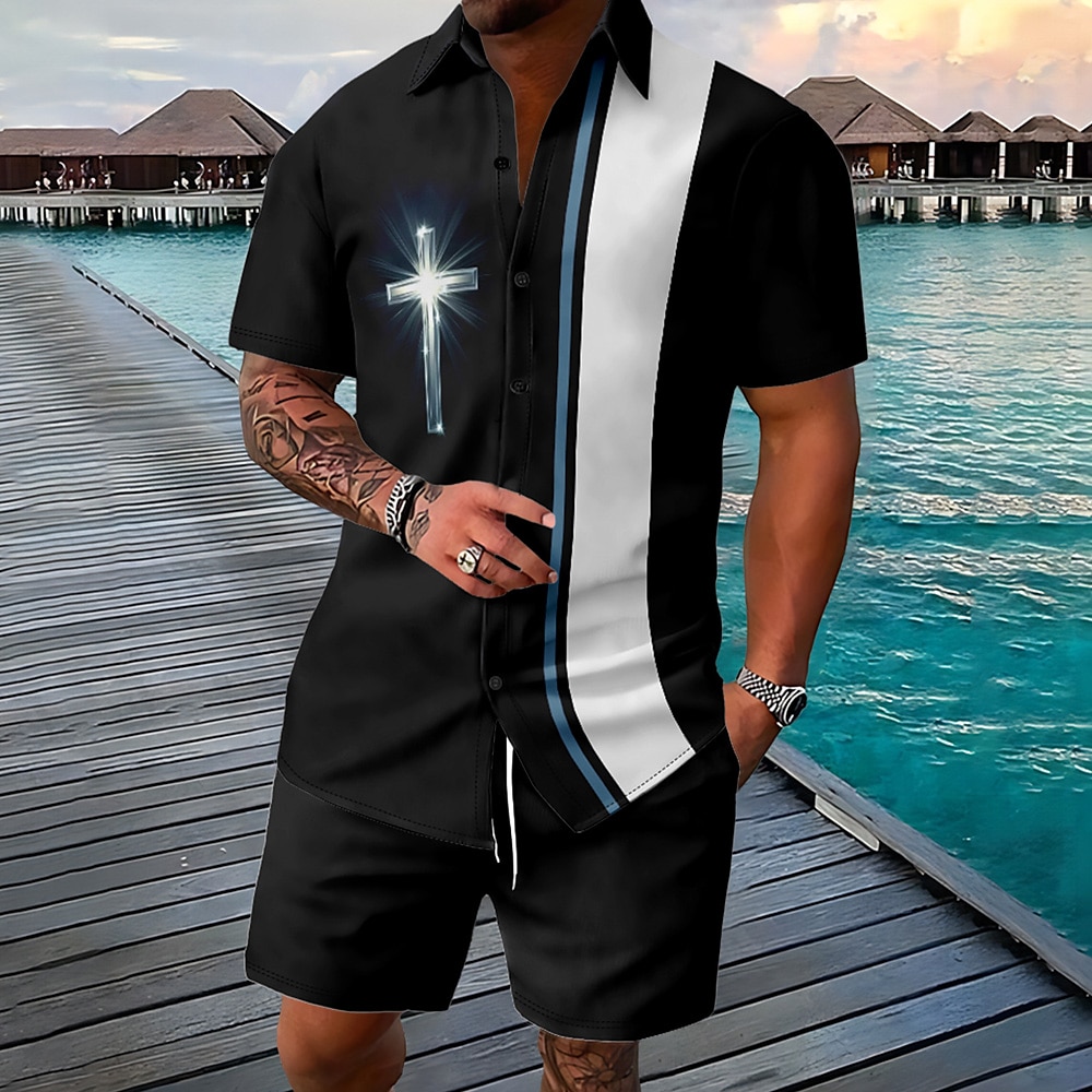 Ostern Herren Kreuz 2St Hemden-Set Kurzarm Kurze Hosen Hemden-Sets Umlegekragen Vintage Casual Täglich Festival-Outfit 3D-Druck Rubinrot Weiß Orange Lightinthebox