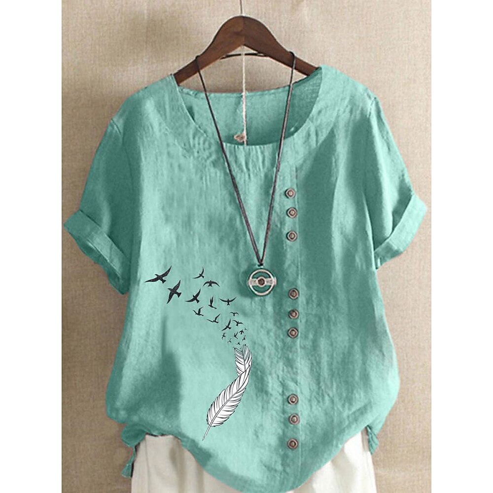 Damen Bluse aus Baumwolle und Leinen, Grafik, Tiermuster, Vintage, lässig, kurzärmlig, Rundhalsausschnitt, normale Oberteile, Alltag, Ausgehen, Knöpfe, Druck, weiß, hellgrün, rosa, blau, lila, Sommer, Lightinthebox