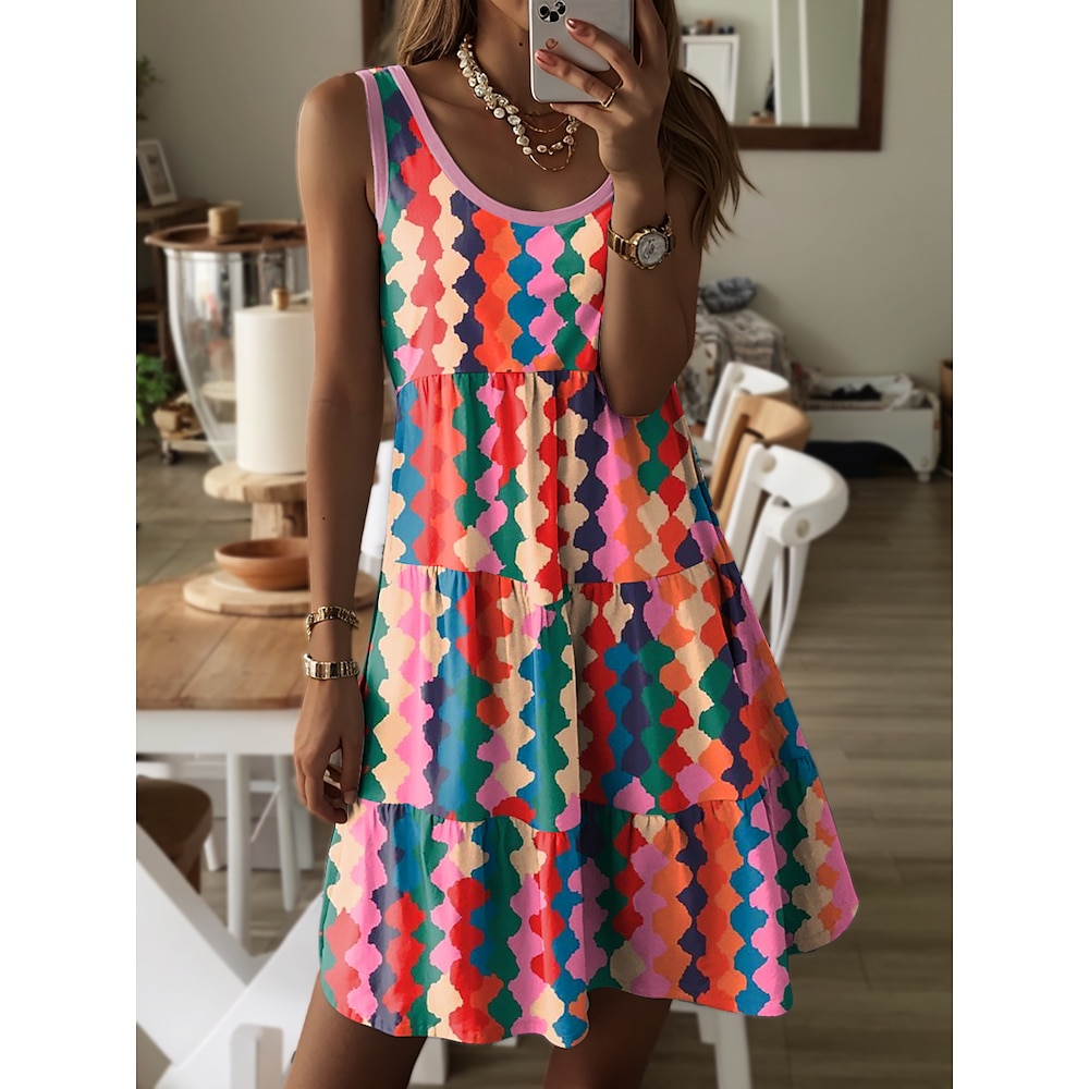 Damen Minikleid Sweatkleid Urlaub Brautkleider schlicht Urlaub Täglich Regular Fit Geometrisch Ärmellos Rundhalsausschnitt Regenbogen Sommer Lightinthebox