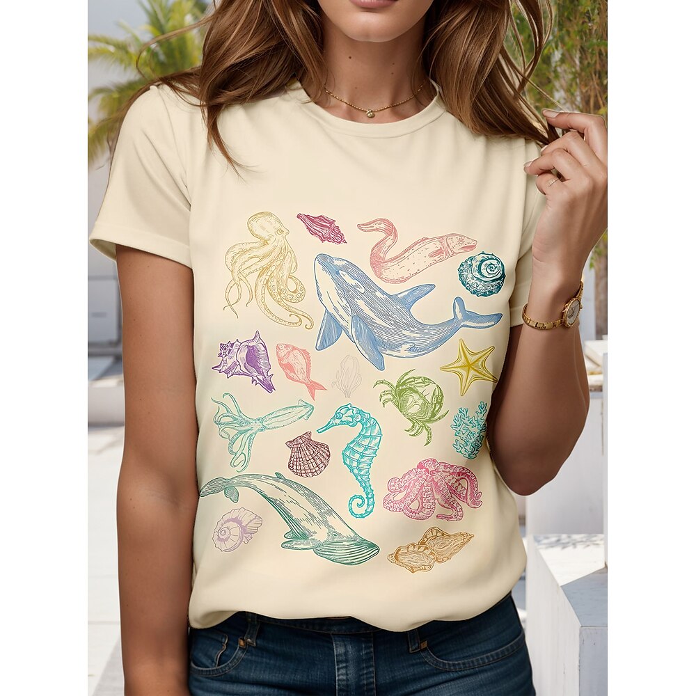 Damen T Shirt Grafik Tiermotiv Stilvoll Lässig Kurzarm Rundhalsausschnitt Rundhals Normale Oberteile Täglich Wochenende Druck Beige Sommer Frühling Lightinthebox