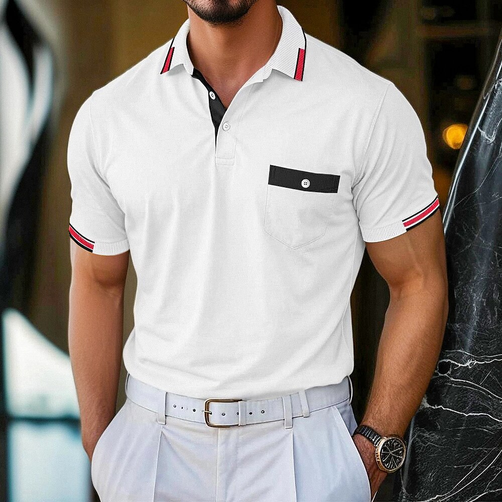 Herren Golfshirt Piqué-Poloshirt Arbeit Lässig Revers Gerippter Polokragen Kurzarm Basic Modern Farbblock Patchwork Knöpfe Frühling Sommer Normale Passform Schwarz Weiß Burgunderrot Marineblau Lightinthebox