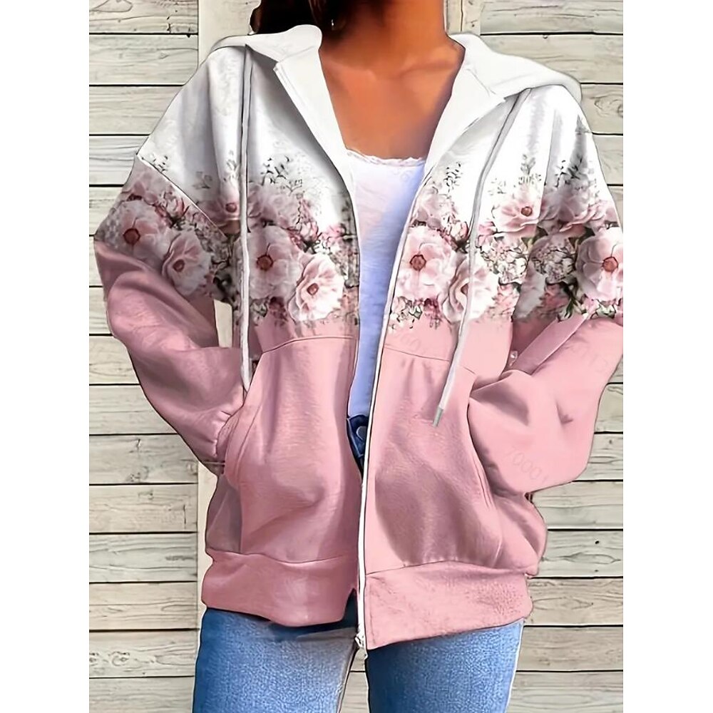 Damen Übergroße Hoodies mit Reißverschluss Blumen Aktiv Vintage Sport Langarm Mit Kapuze Normale Oberteile Lässig Ferien Reißverschluss Kordelzug Fronttasche Rosa Blau Fuchsie Grün Frühling Herbst Lightinthebox