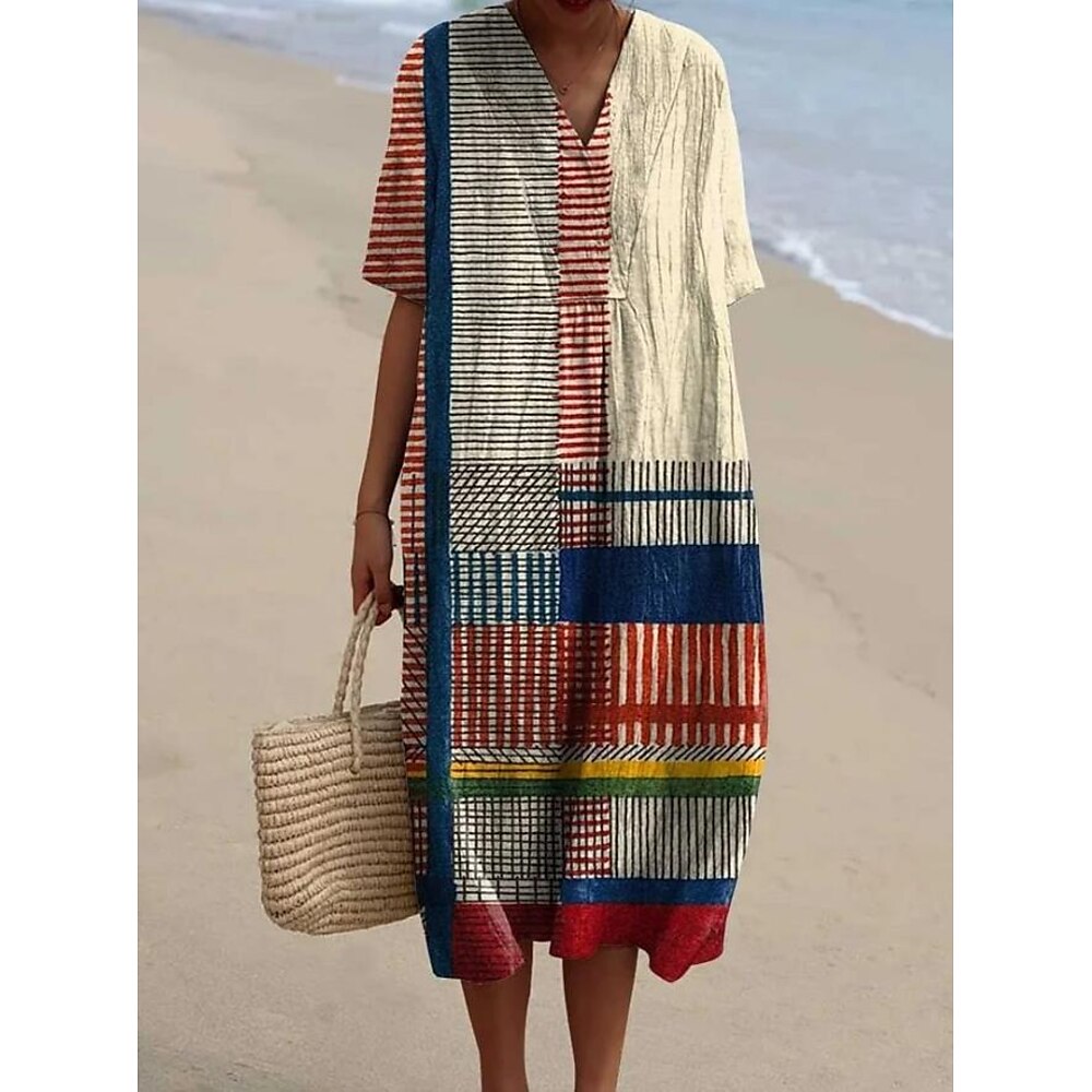 Damen Midikleid Sommerkleid A Linie Kleid Urlaub Lässig Strand Ausgehen Lässiger Schnitt Grafik Geometrisch Kurzarm V Ausschnitt Weiß Rosa Rote Khaki Sommer Lightinthebox