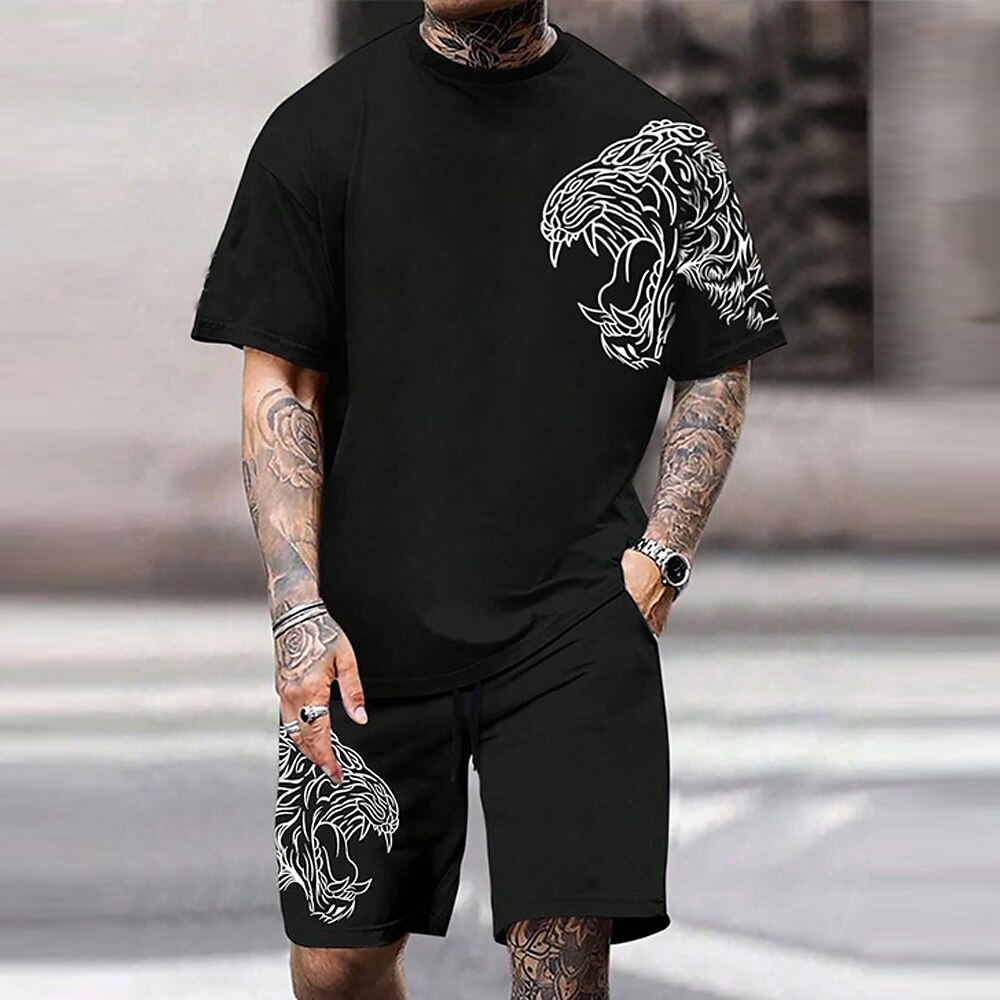 Herren Tiger 2St T-Shirts-Sets Sommeroberteile Kurzarm Kurze Hosen Rundhalsausschnitt Athleisure Sport Outdoor Sport Alltagstauglich Rundhalsausschnitt Schwarz Lightinthebox