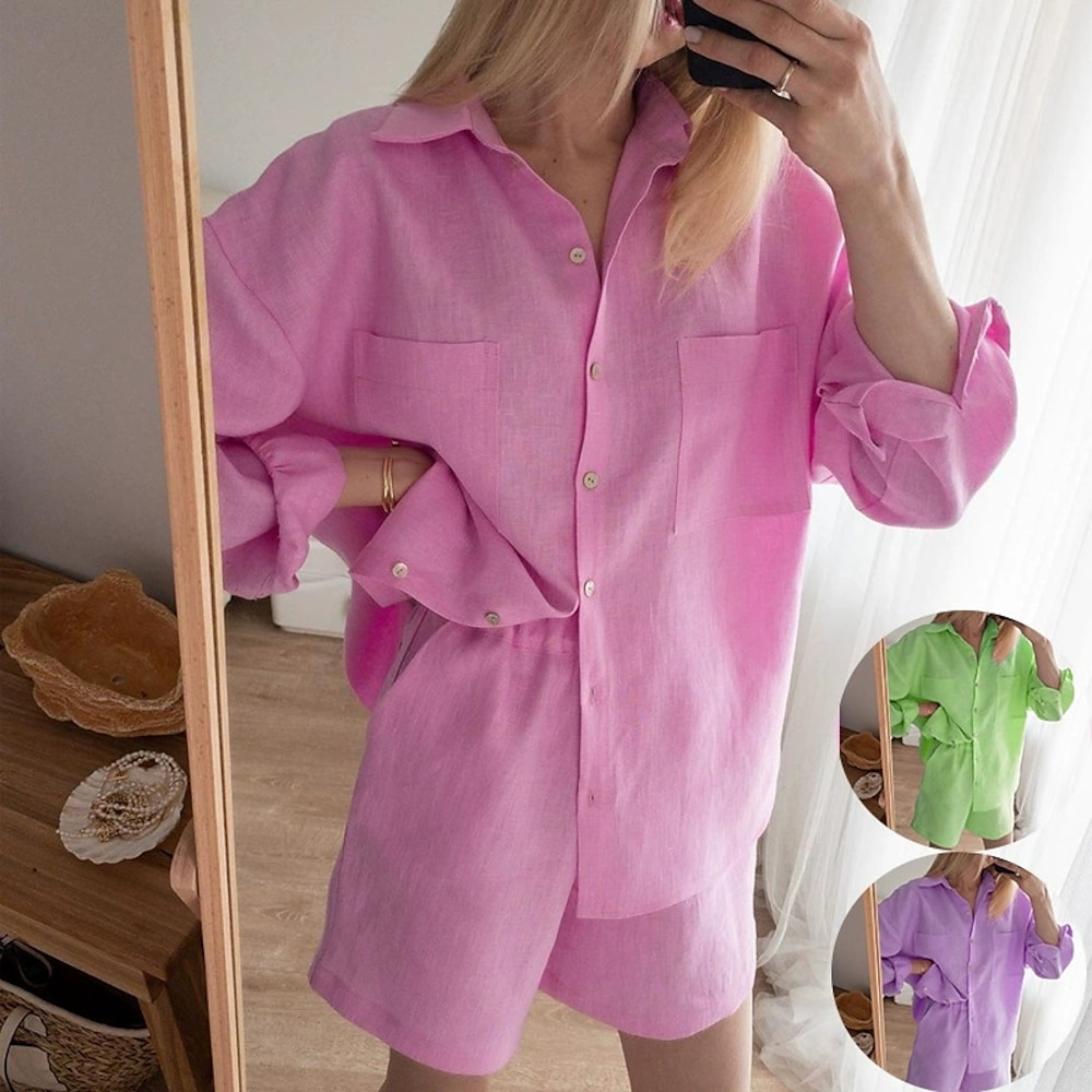 Damen Aktiv Basic Hemd Shorts-Sets Langarm Hemdkragen Einfarbig Dubbele Rij Knopen Ferien Alltagstauglich Hellgrün Rosa Purpur Sommer Normale Passform Lightinthebox