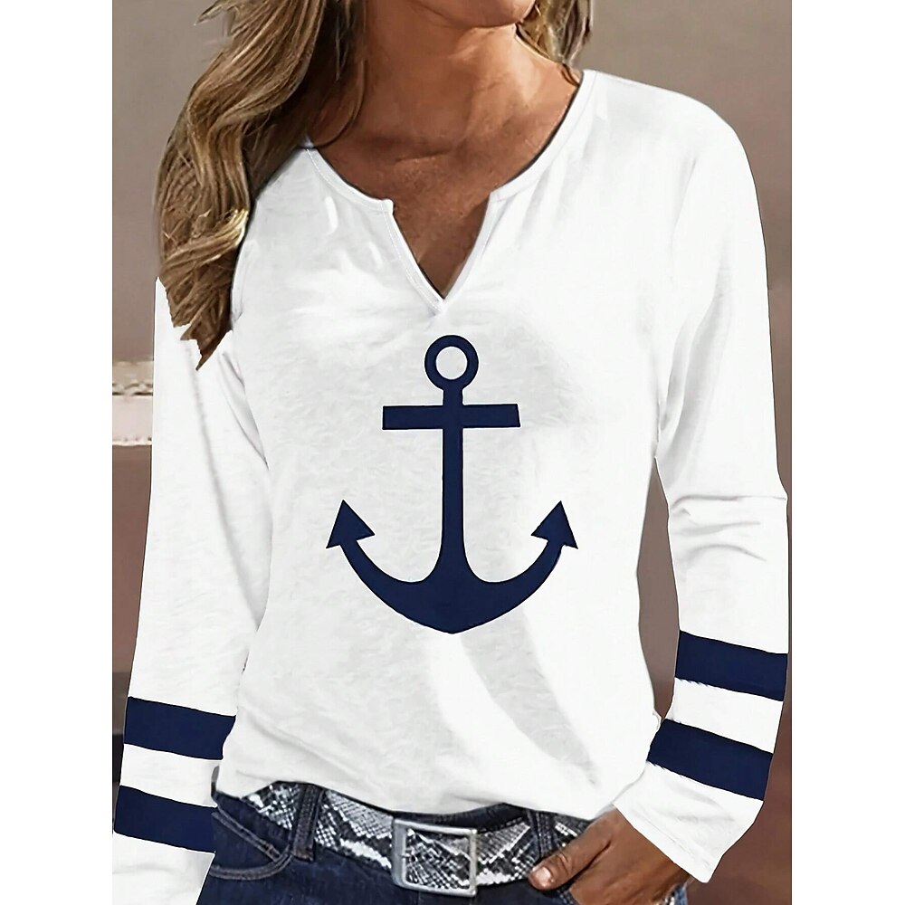 Damen T Shirt Grafik Ozean Stilvoll Lässig Langarm Einkerbiger Ausschnitt Normale Oberteile Täglich Wochenende Druck Weiß Sommer Frühling Lightinthebox