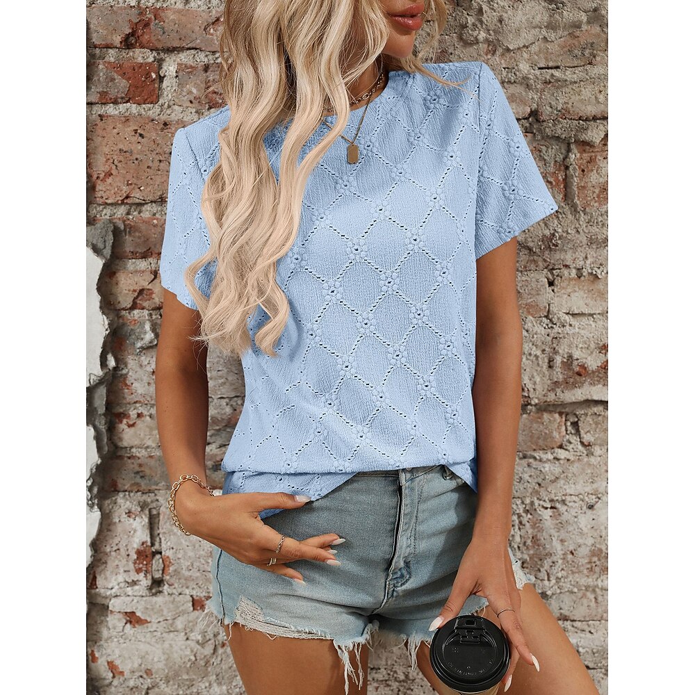 Damen T Shirt Sommeroberteile Bluse Einfarbig Einfach Elegant Niedlich Lässig Kurzarm Rundhals Normale Oberteile Täglich Lochmuster Schwarz Purpur Grün Khaki Leicht Blau Sommer Frühling Herbst Lightinthebox