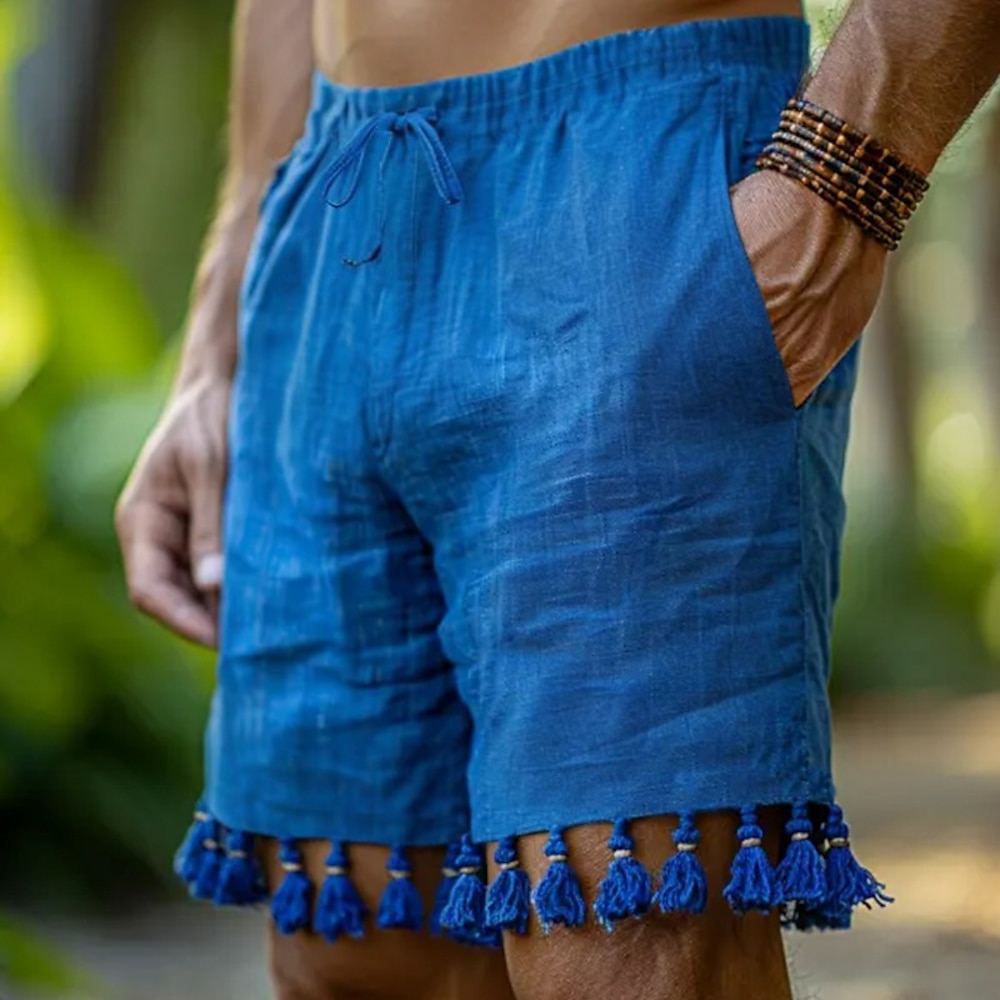 Herren Shorts Leinenshorts Sommershorts Strandshorts Quastenfransen Kordelzug Elastischer Bund Einfach Komfort Atmungsaktiv Knielang Outdoor Täglich Ferien Ethno-Stil Retro Vintage Weiß Blau Lightinthebox