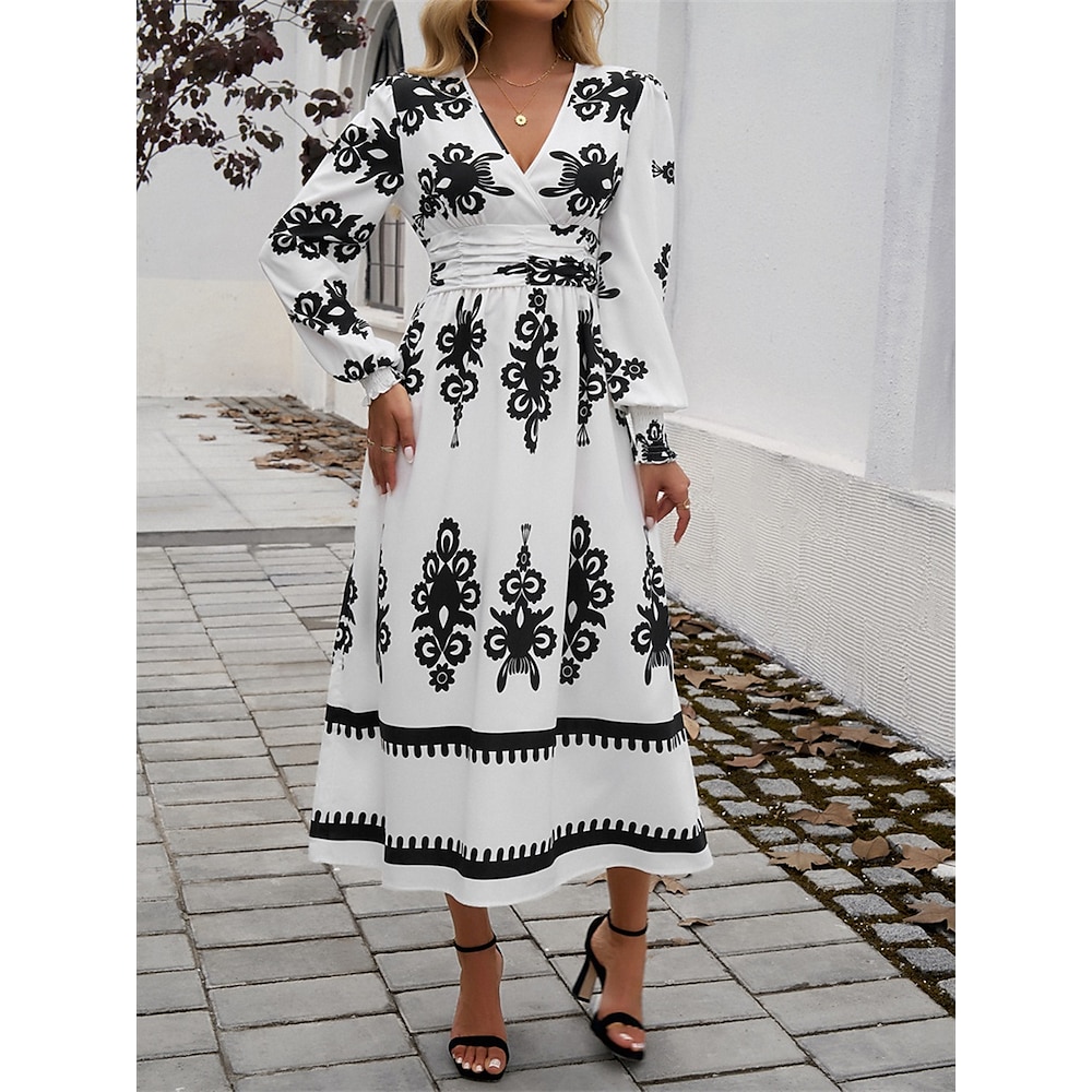 Damen Midikleid A Linie Kleid Figurbetontes Kleid Brautkleider schlicht Urlaub Casual Täglich Regular Fit Graphic Langarm V Ausschnitt Schwarz Weiß Blau Armeegrün Sommer Frühling Herbst Lightinthebox