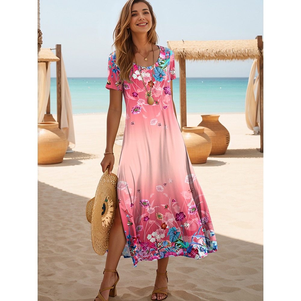 Damen Midikleid Sommerkleid Urlaub Lässig Strand Urlaub Strand Normale Passform Blumen Grafik Kurzarm Rundhalsausschnitt Rosa Sommer Lightinthebox