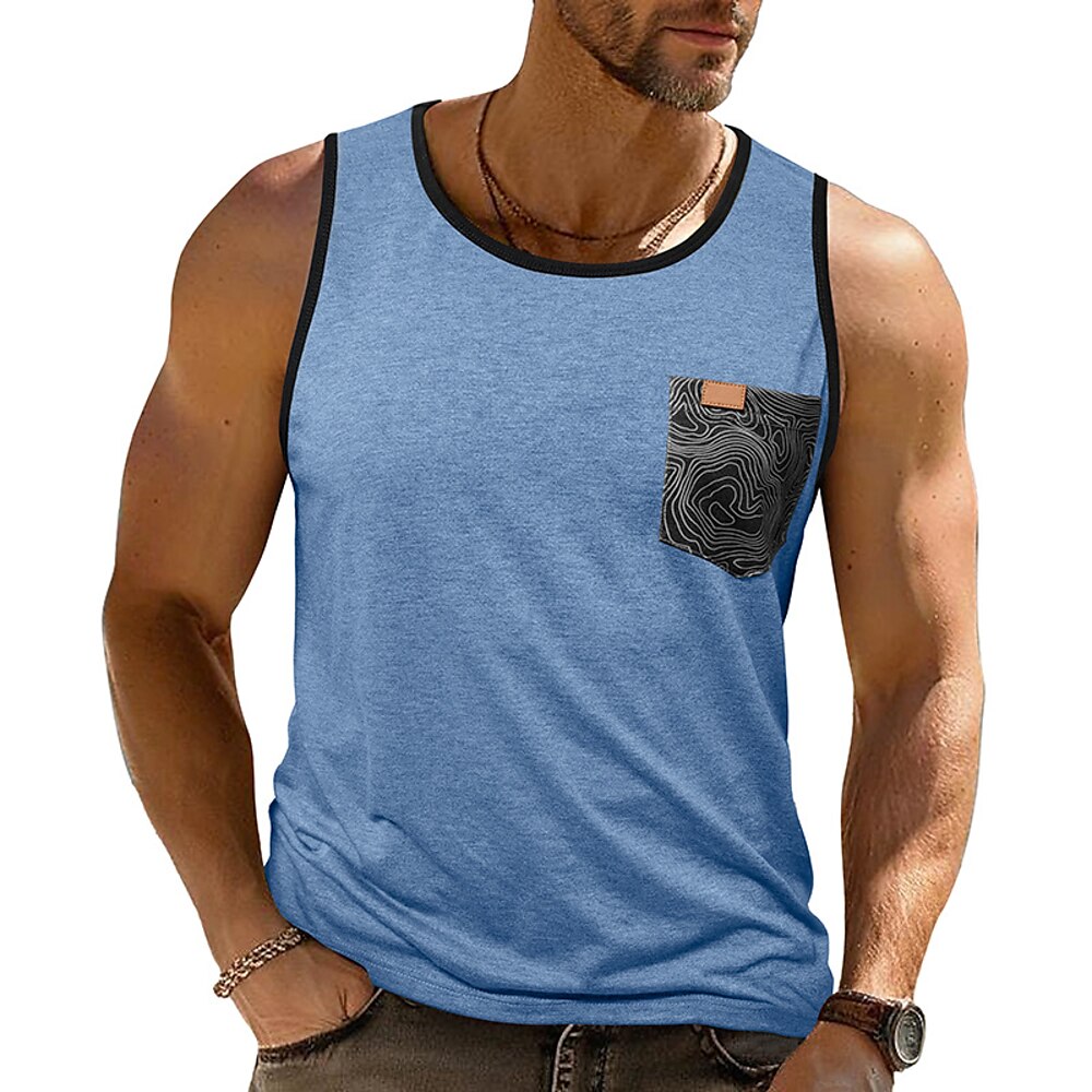 Herren Tank Top Weste Ärmelloses Shirt Ärmellos Rundhalsausschnitt Sommer Farbblock Mode Klassisch Bequem Tasche Urlaub Lässig Ferien Dunkelrot Dunkelmarine Blau Top T-Shirt für Herren Lightinthebox