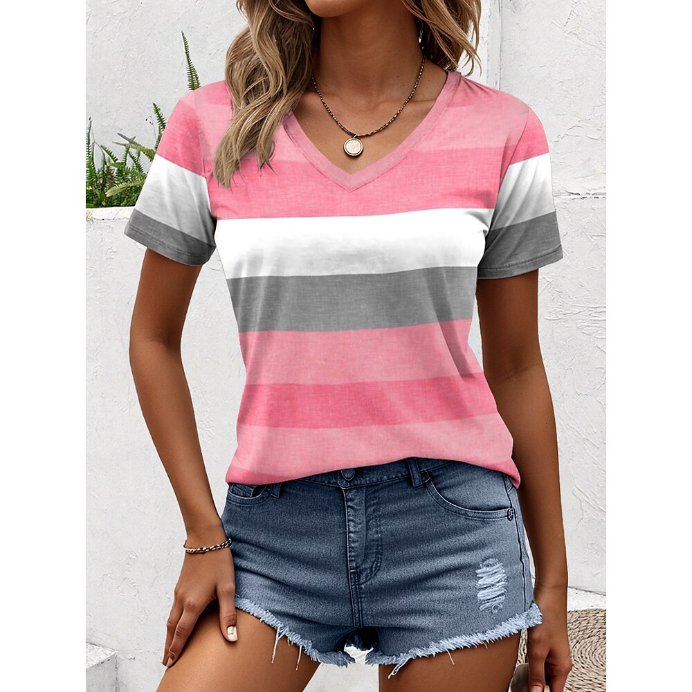 Damen T Shirt Grafik Geometrisch Gestreift Stilvoll Lässig Kurzarm Rundhalsausschnitt Normale Oberteile Täglich Druck Rosa Sommer Frühling Lightinthebox