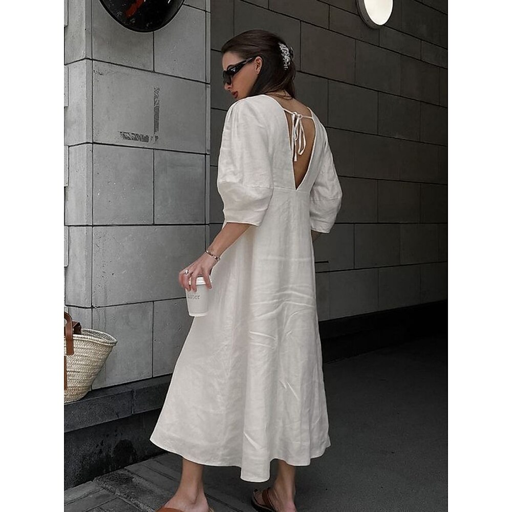 Damen Langes Kleid Maxikleid Freizeitkleid Sommerkleid Boho-Kleid Elegant Mode Basic Puffärmel Büro Geburtstag Täglich Normale Passform Einfach Halbarm Tiefer V-Ausschnitt Weiß Sommer Frühling Herbst Lightinthebox