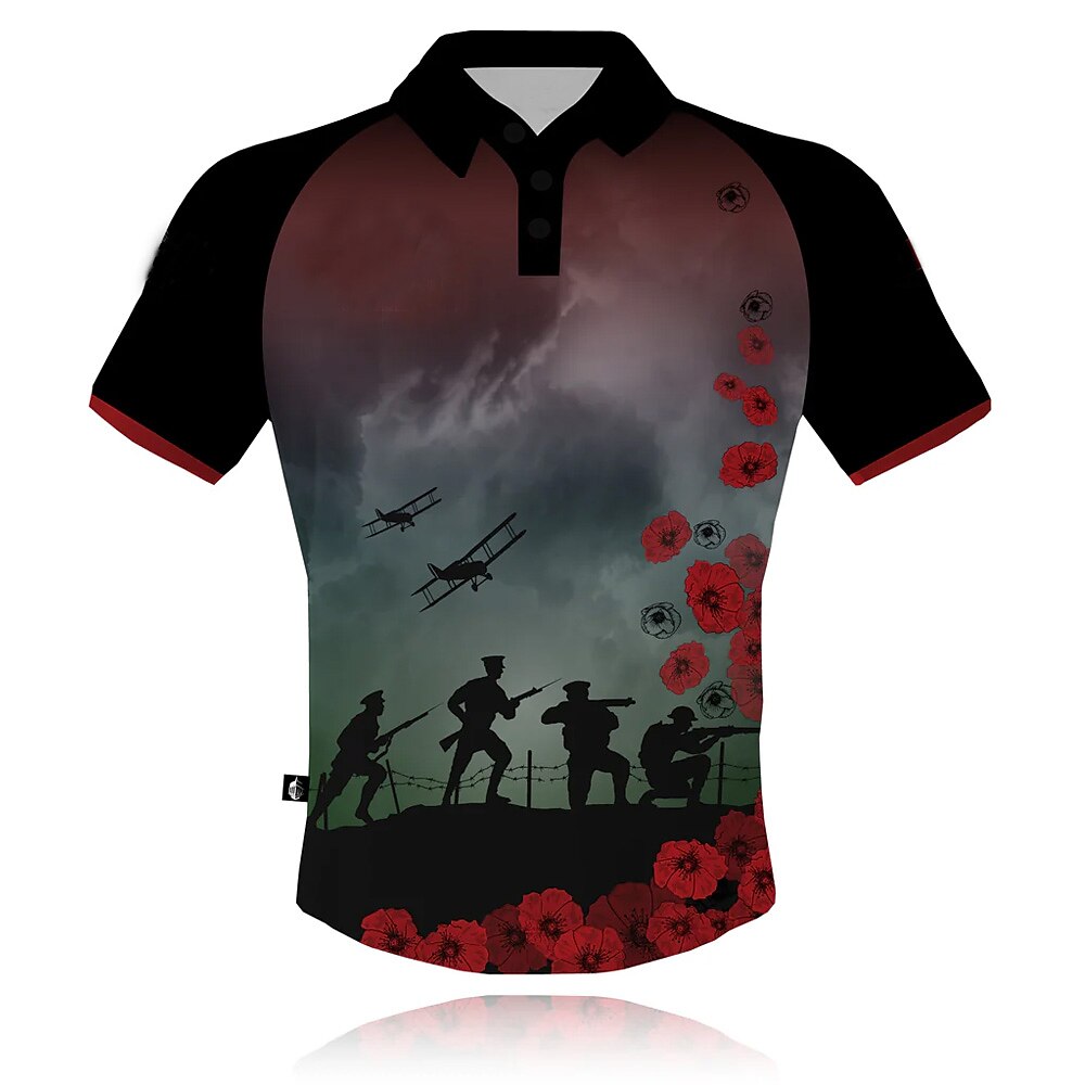 Herren Blumen Soldat Polo Kurzarm Polo-Shirts Hemden mit Kragen Vintage Lässig Outdoor Alltagskleidung 3D-Druck Schwarz Lightinthebox