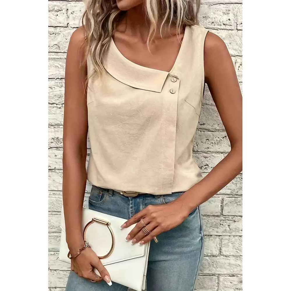 Damen Bluse Einfach Stilvoll Lässig Ärmellos Asymmetrisch Normale Oberteile Ferien Ausgehen Knöpfe Khaki Sommer Lightinthebox