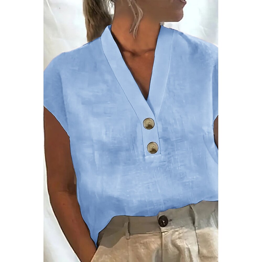 Damen Baumwoll-Leinenhemd Bluse Einfach Basic Modern Lässig Kurzarm V Ausschnitt Normale Oberteile Ferien Ausgehen Knöpfe Weiß Rosa Grün Leicht Blau Sommer Lightinthebox