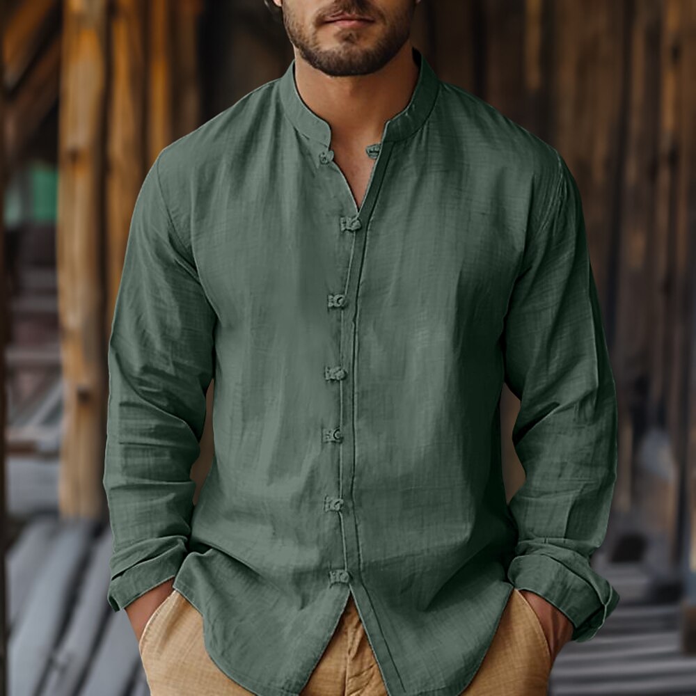 Herren Hemd leinenhemd Sommerhemd Einfarbig Straße Alltagskleidung Weiß Marineblau Grün Beige Langarm Bekleidung Lightinthebox