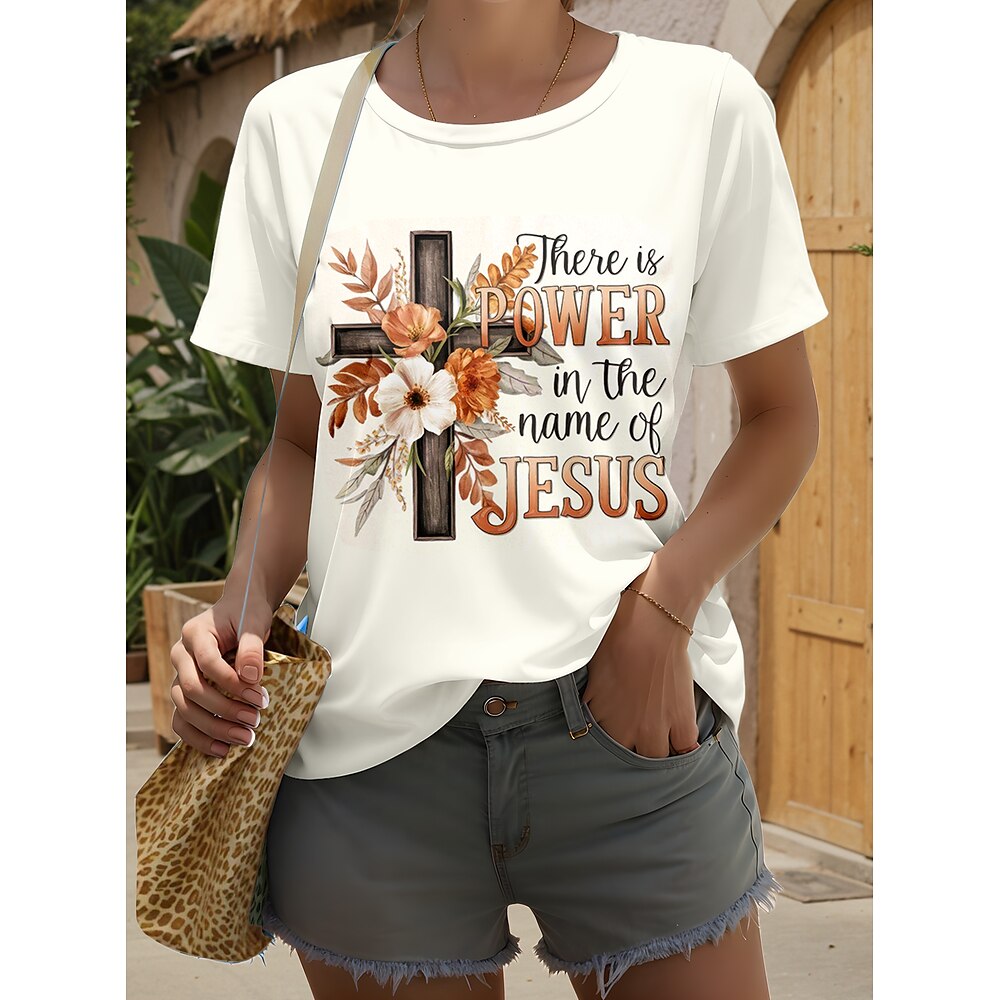 Damen T Shirt Blumen Grafik Buchstabe Stilvoll Lässig Kurzarm Rundhalsausschnitt Rundhals Normale Oberteile Täglich Wochenende Druck Weiß Sommer Frühling Lightinthebox
