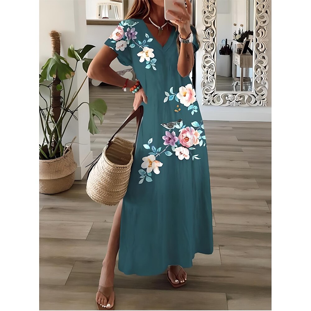 Damen Maxikleid Sommerkleid A Linie Kleid Urlaub Lässig Normale Passform Blumen Grafik Kurzarm V Ausschnitt Eisblau Weiß Sommer Frühling Lightinthebox