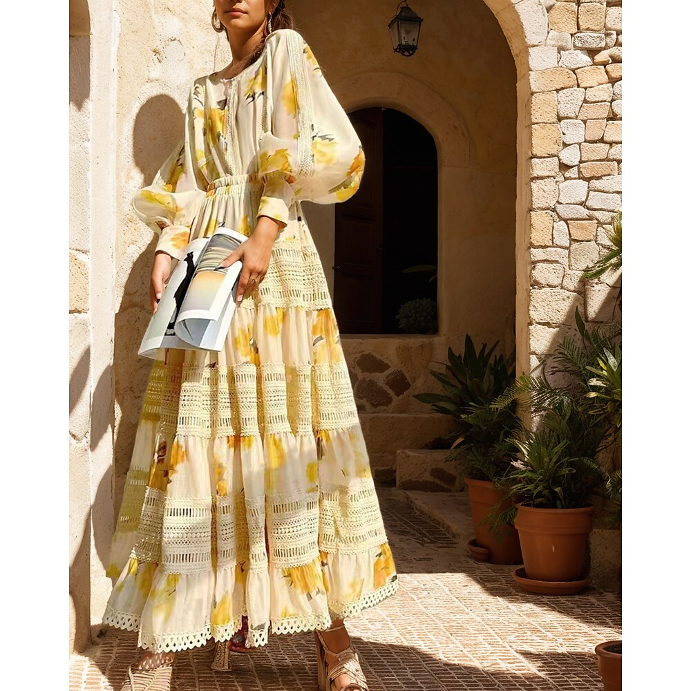 A-Linien-Ballkleider, elegantes Kleid für Hochzeitsgäste, Urlaub, bodenlang, Puffärmel, V-Ausschnitt, Chiffon, elastische Taille mit Spitzenbesatz, Blumendruck 2025 Lightinthebox