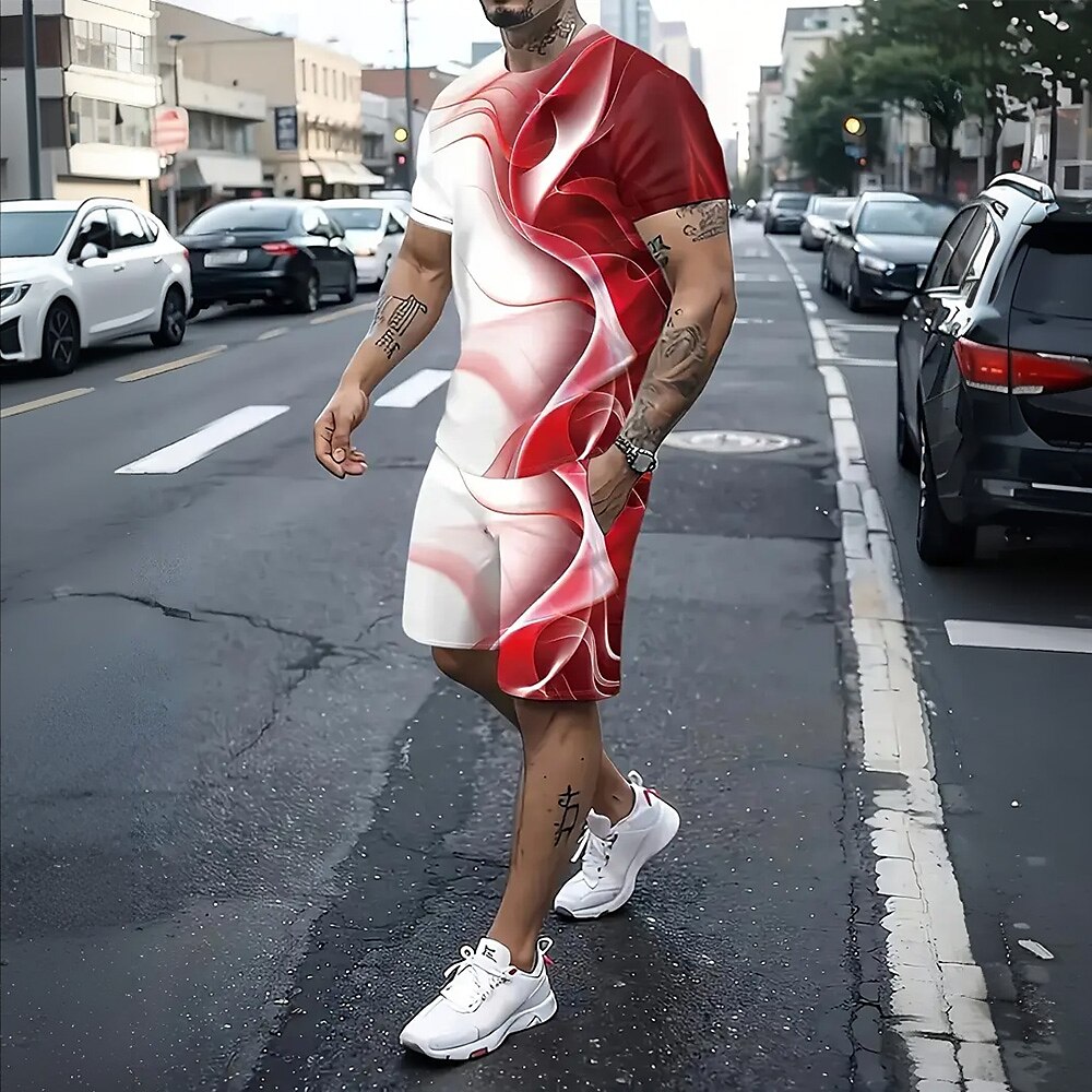 Herren Sommer Linie Geometrisch 2St T-Shirts-Sets Sommeroberteile Kurzarm Kurze Hosen Rundhalsausschnitt Sport Lässig Trendy Sport Lässig Täglich 3D-Druck Rot Lightinthebox