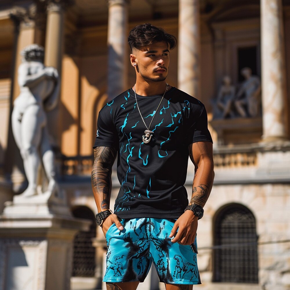 Herren Sommer Grafik 2St T-Shirts-Sets Sommeroberteile Kurzarm Kurze Hosen Rundhalsausschnitt Sport Lässig Outdoor Urlaub Sport 3D-Druck Rubinrot Lightinthebox