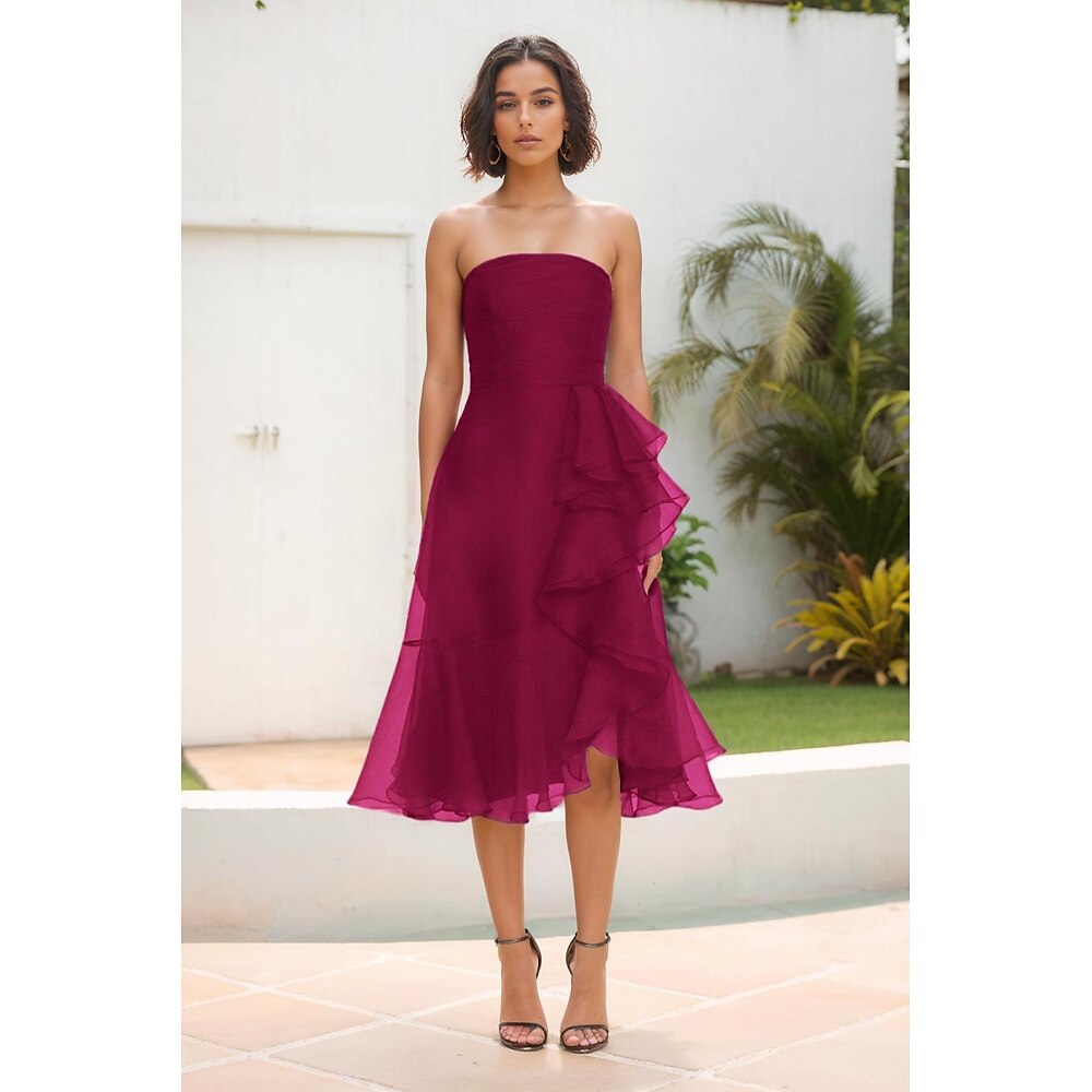A-Linie Cocktailkleider Elegant Kleid Formell Hochzeit Tee-Länge Ärmellos Schulterfrei Organza mit Falten Rüschen 2025 Lightinthebox