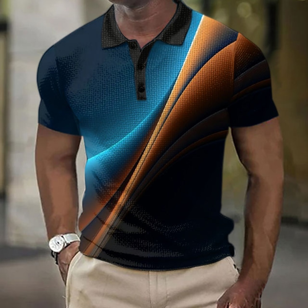 Herren Geometrisch Linie Waffel-Poloshirts Kurzarm Polo-Shirts Hemden mit Kragen Business-Casual Geschäft Athleisure Büro-Outfit Knöpfe 3D-Druck Gelb Purpur Orange Lightinthebox