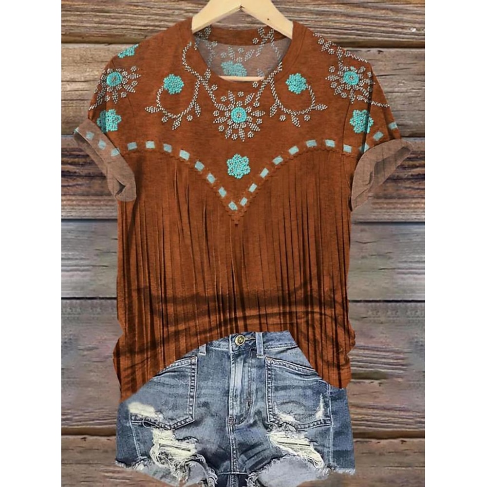 Damen Baumwollhemd Grafik Bohemien Vintage Stilvoll Kurzarm Rundhalsausschnitt Normale Oberteile Täglich Ferien Strandbekleidung Druck Braun Sommer Frühling Lightinthebox