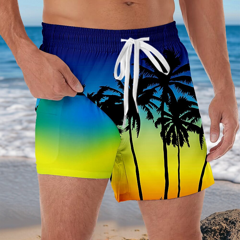 Herren Kokospalme Tropisch Farbverlauf Gefütterte Shorts 2 in 1 Badeshorts Badeshorts Mittlere Taille Hawaiianisch Urlaub Seitentaschen Mit Kompressionsfutter Elastischer Kordelzug in der Taille Lightinthebox