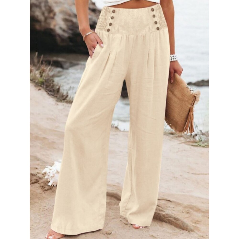 Damen Weites Bein Chinos Basic Lässig Volle Länge Hohe Taille Einfach Elastischer Bund Bequem Weich Mikroelastisch Outdoor Straße Strand Dunkelgrau Aprikose Schwarz Weiß Sommer Frühling Normale Lightinthebox