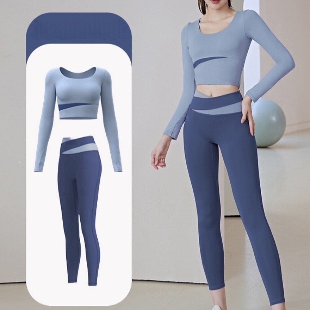 Damen Trainingsanzug Sportbekleidungsset 2 teilig Lässig Langarm Hohe Taille Atmungsaktiv Weich Fitness Fitnesstraining Laufen Sportbekleidung Sportkleidung Einfarbig Schwarz Leicht Grün Blau Lightinthebox