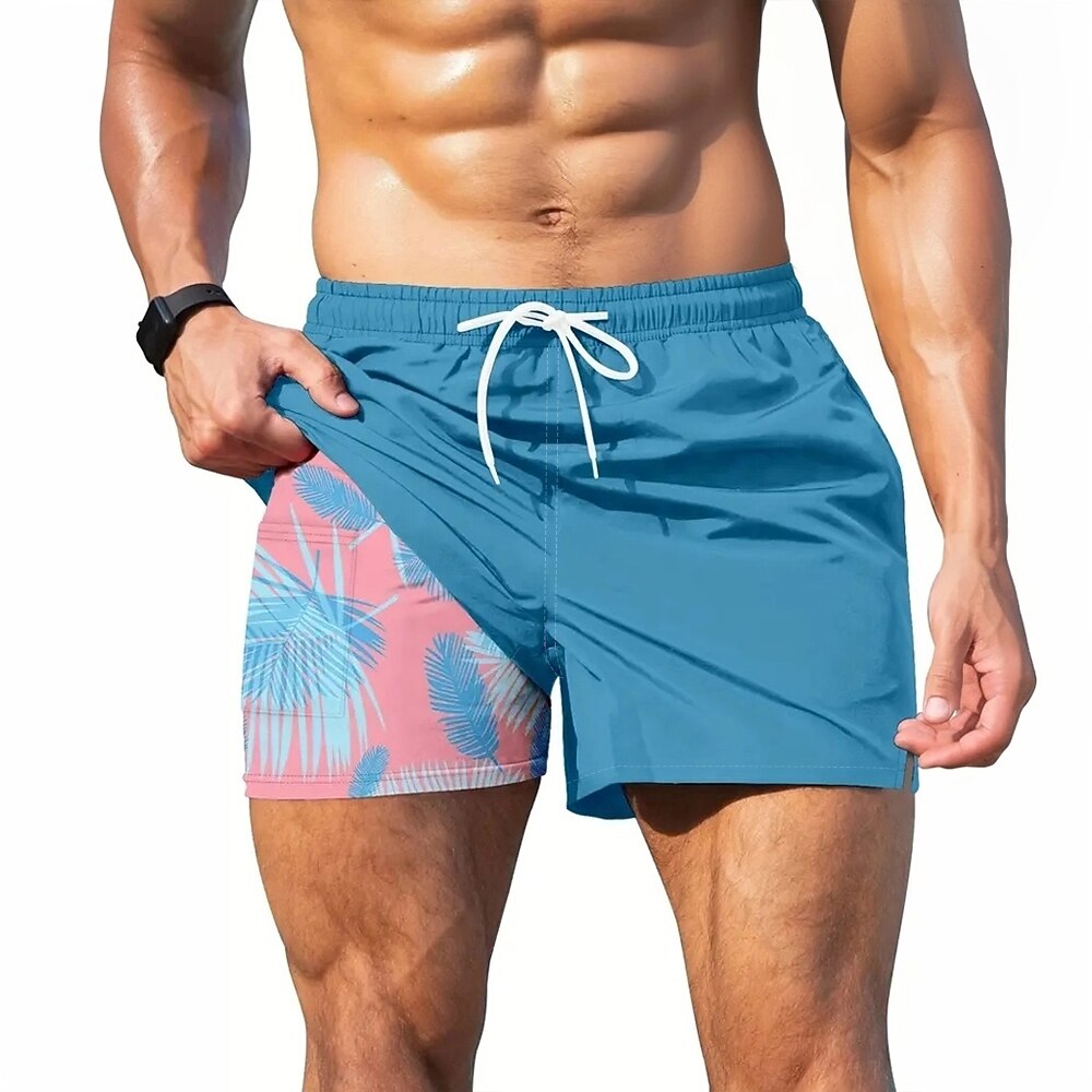 Herren Palmblatt Tropische Pflanzen Gefütterte Shorts 2 in 1 Badeshorts Badeshorts Mittlere Taille Hawaiianisch Urlaub Strandbekleidung Seitentaschen Mit Kompressionsfutter Elastischer Kordelzug in Lightinthebox