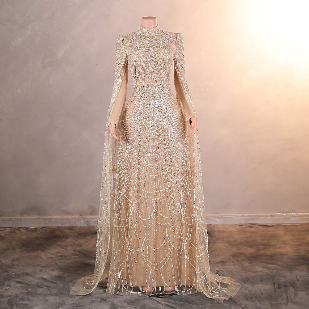 Meerjungfrauenschnitt Abendkleid Elegant Kleid Formell Abschlussball Bodenlange Schleppe Langarm Stehkragen Spitze mit Perlen Paillette 2025 Lightinthebox
