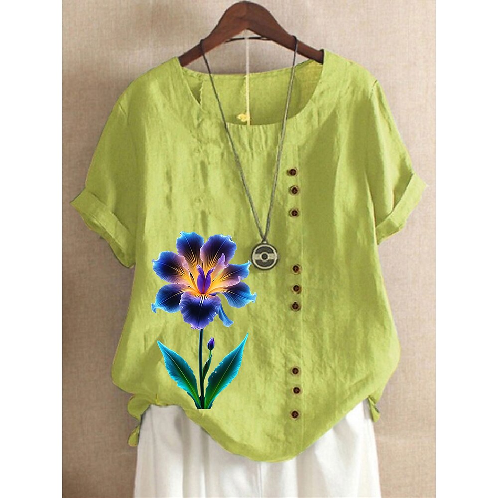 Damen Bluse aus Baumwolle und Leinen, Vintage, lässig, Rundhalsausschnitt, täglich, zum Ausgehen, Knöpfe, Druck, Kastanienbraun, Grasgrün, Weiß, Lila Lightinthebox