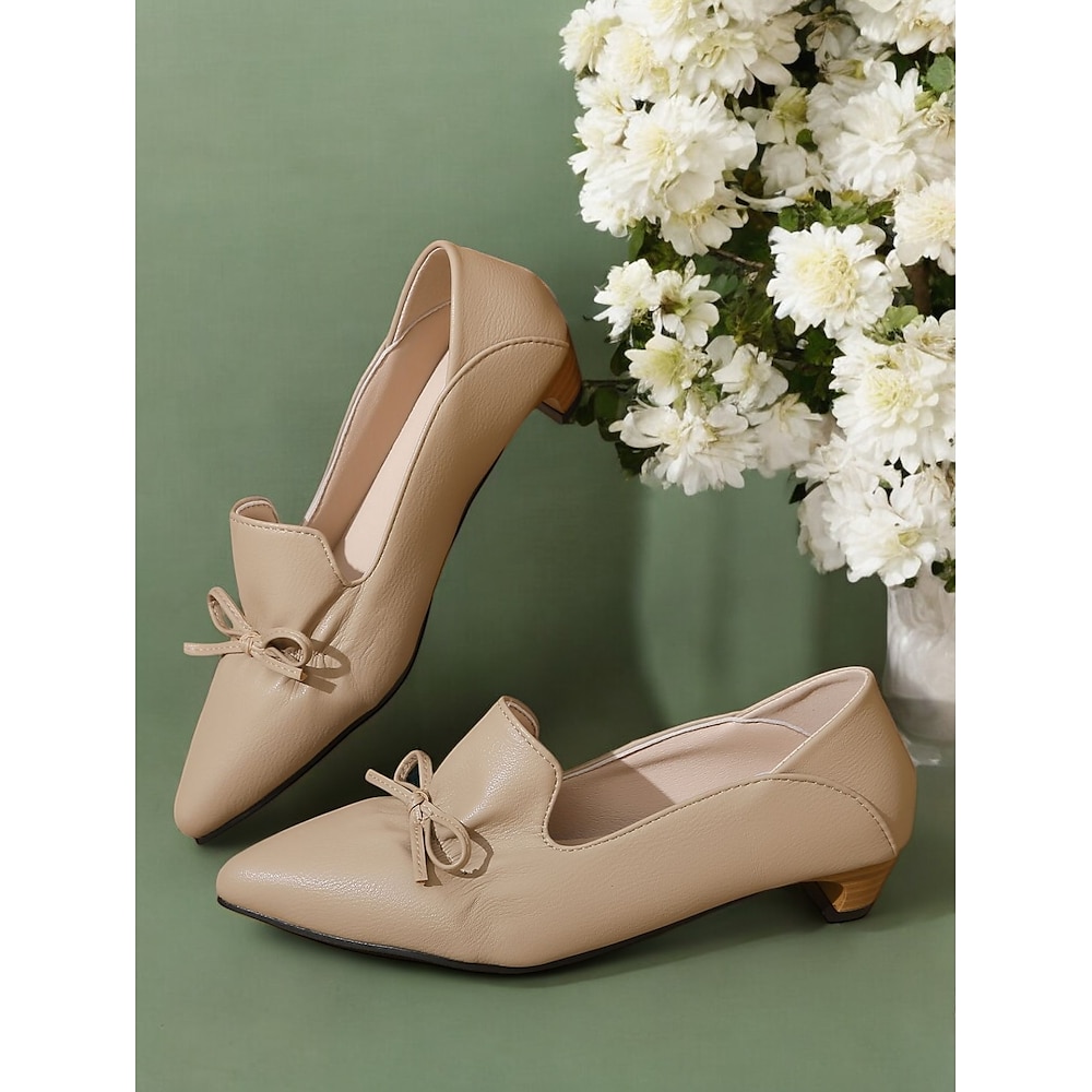 schicke beige Pumps mit niedrigem Absatz für Damen - elegante Kunstlederschuhe mit Schleifendetail, perfekt fürs Büro oder die Freizeit Lightinthebox