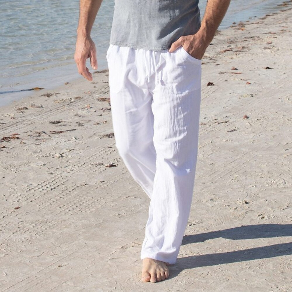 Herren Leinenhosen Hose Sommerhose Baggy-Hosen Strandhose Kordelzug Fronttasche Gerader Schnitt Einfach Komfort Atmungsaktiv Volle Länge Yoga Ferien Strand Mode Hawaiianisch Weiß Marineblau Lightinthebox
