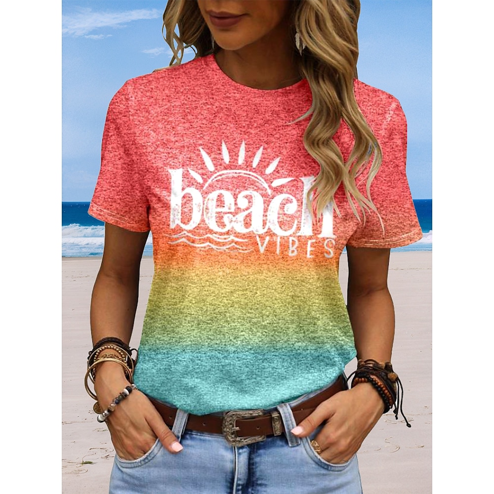 Damen T Shirt Graphic Regenbogen Ozean Stilvoll Brautkleider schlicht Kurzarm Rundhalsausschnitt Normale Oberteile Täglich Ausgehen Wochenende Bedruckt Regenbogen Sommer Frühling Lightinthebox