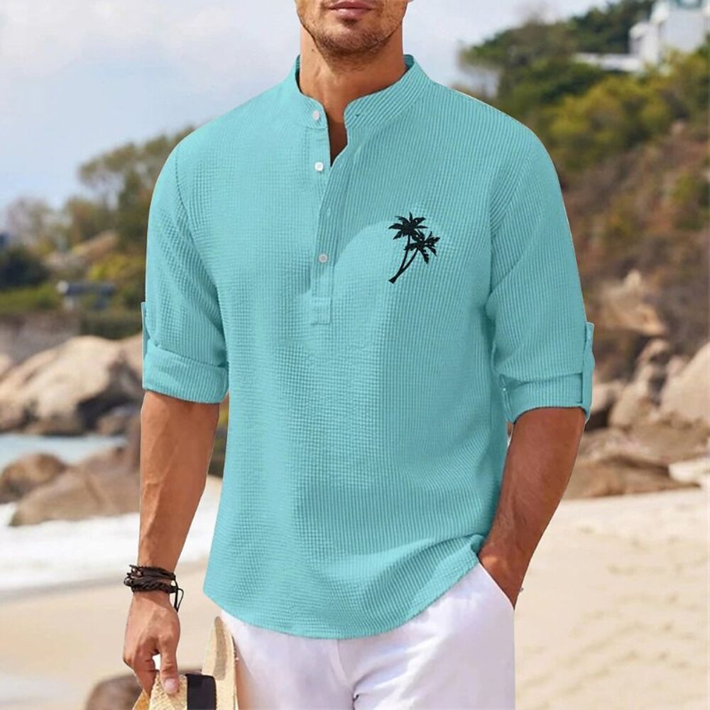 Herren Popover-Hemd Sommerhemd Freizeithemd Strandhemd Waffelstrickhemd Schwarz Weiß Blau Himmelblau Dunkelgray Langarm Kokospalme Klassisch Stehkragen Henley Urlaub Hawaiianisch Schnalle Bekleidung Lightinthebox