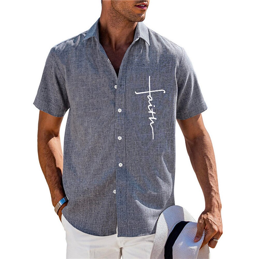Herren Sommerhemd Freizeithemd Strandhemd Knopfhemd Schwarz Blau Grün Kaki Grau Kurzarm Muster Glaube Revers Urlaub Hawaiianisch Bekleidung Polyester Mode Lässig Bequem Lightinthebox