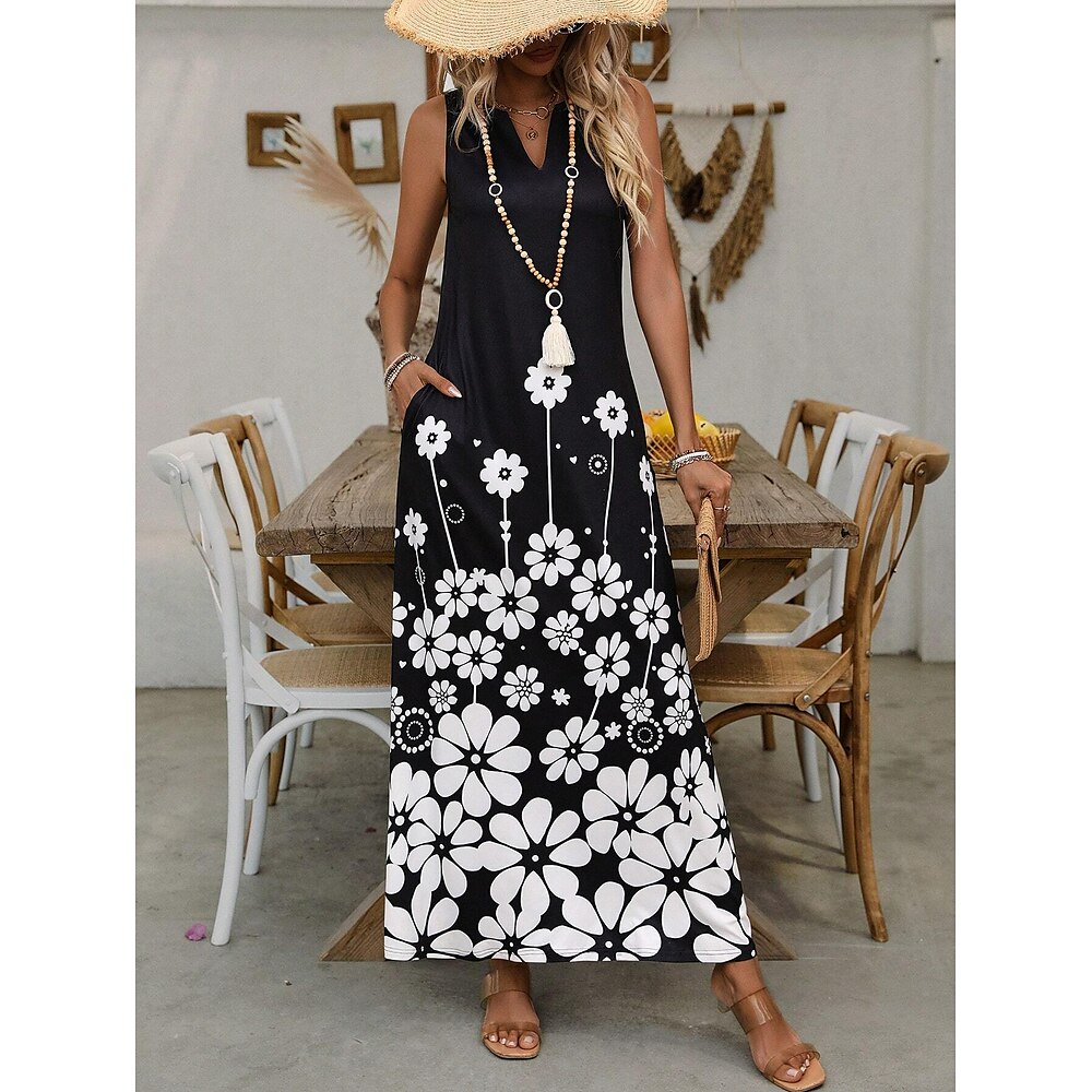 Damen Maxikleid A Linie Kleid Sommerkleid Urlaub Täglich Ferien Lässiger Schnitt Blumen Grafik Ärmellos V Ausschnitt Schwarz Sommer Lightinthebox