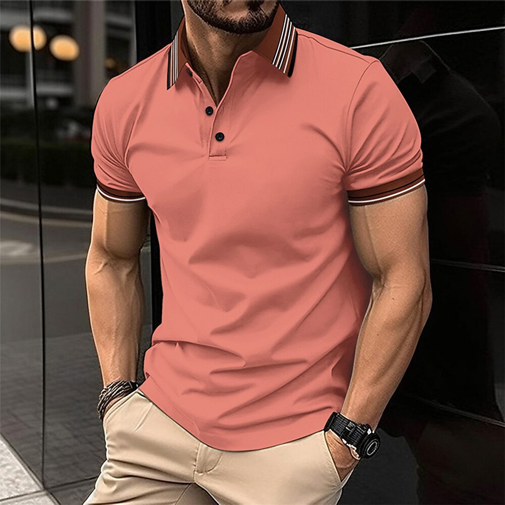 Herren Golfshirt Golf Poloshirts Arbeit Lässig Revers Kurzarm Basic Modern Streifen Patchwork Knöpfe Sommer Normale Passform Hellrosa kleiner Finger Schwarz Weiß Dunkelmarine Himmelblau Golfshirt Lightinthebox