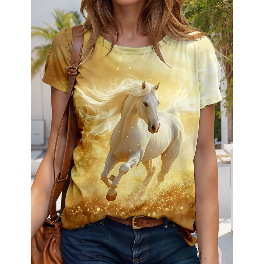 Kentucky Derby Damen T Shirt Grafik Tiermotiv Pferd Stilvoll Lässig Kurzarm Rundhals Normale Oberteile Täglich Wochenende Druck Gelb Sommer Frühling Lightinthebox