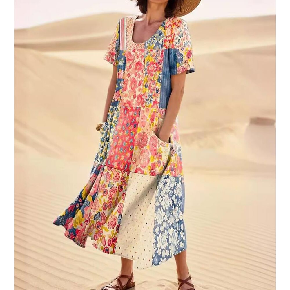 Damen Midikleid Sommerkleid A Linie Kleid Urlaub Lässig Boho Ausgehen Strand Grafik Kurzarm Rundhalsausschnitt Asche Blau Orange Grün Sommer Frühling Lightinthebox